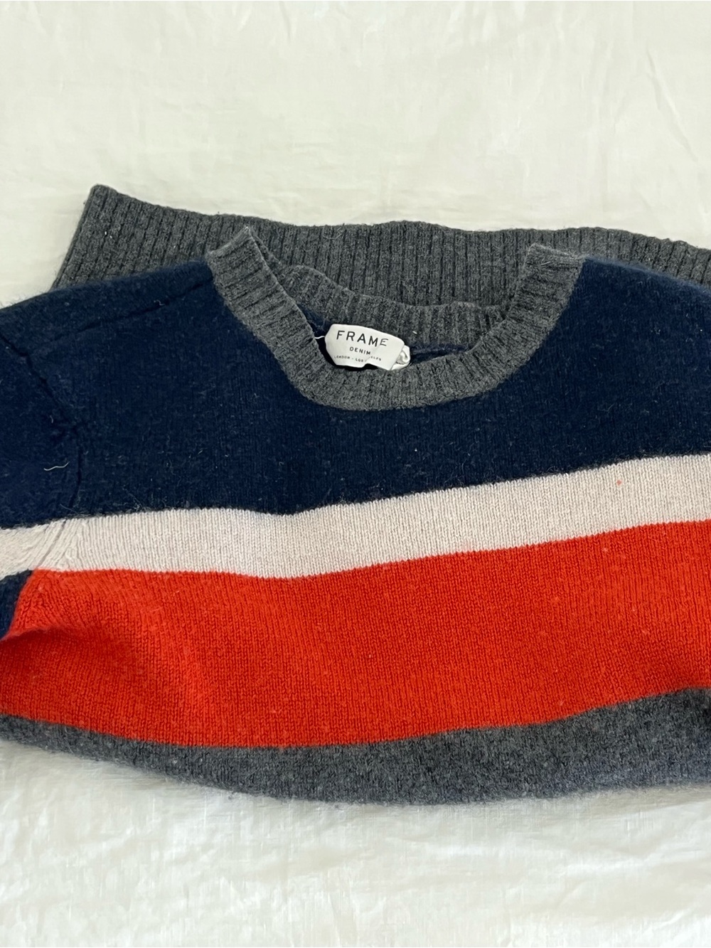 Frame Denim Striped Crewneck in Navy, Gray & Red || size L but fits like a small